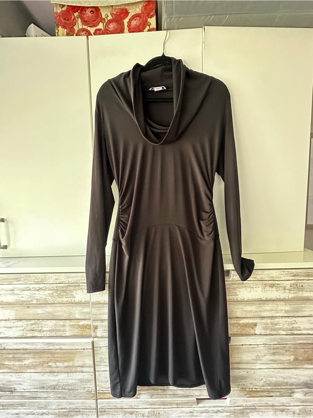 🤎 Calvin Klein Brown Cowl Neck Ruched Long Sleeve Dress Size Small